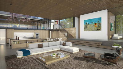 These are part of a set of eight renderings done for an eclectic home in Malibu. To start the process, the client sent a very raw Sketchup model along with detailed notes and instructions for changes we needed to make. We utilized several materials from the exterior renderings and added new ones based on the client’s comments, adding several pieces from the homeowners extensive modern art collection along with a dinosaur skull. The final renderings were then processed in Photo-Real with realistic grass and carpet textures applied.