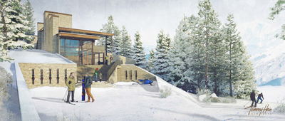 This unique mountain ski lodge is rendered in our watercolor style and is shown in both fall and winter scenarios. 