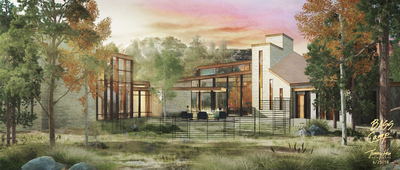 This unique mountain ski lodge is rendered in our watercolor style and is shown in both fall and winter scenarios. 