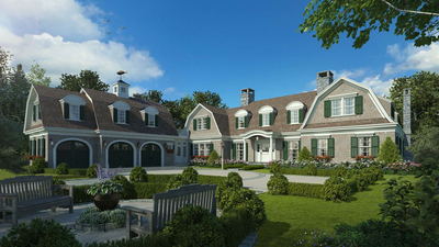 New England style home is shown rendered in our photo-real style; charged our base price with custom landscape, topography, and beach front add-ons.