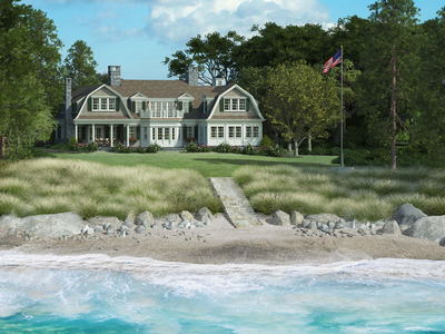 New England style home is shown rendered in our photo-real style; charged our base price with custom landscape, topography, and beach front add-ons.