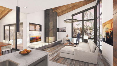 Mountain modern multi-family ski resort renderings, showing exteriors and interior views in a dusk winter setting. 