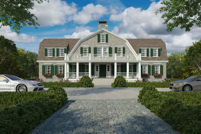 New England Cape Cod style home  with distinctive natural cedar shake siding , green shutters and white trim. 