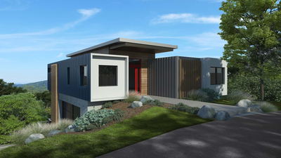 This rendering of a modern shipping container house was used to showcase the unique use of the small California lot, as well as it's amazing view. The project was completed within 3 revision cycles; which included modifications to the material colors, landscaping placement, and design of the facade. 