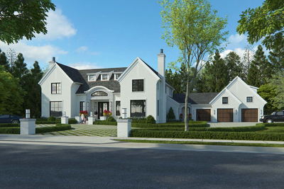 White painted brick home with black windows and featuring a traditional landscaping was created based on the client's plans and elevations and rendered in photo-real style. 