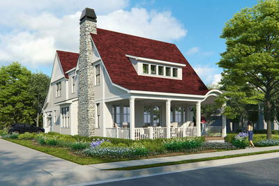 Two level home in a residential neighborhood featuring blue lap siding and red cedar shingle siding and white trim, with a large front porch and a barrel vaulted ceiling above the front entrance. 