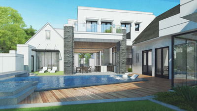 Outdoor living is the focus for this modern Florida home. The pool, outdoor living and dining rooms, pizza oven and sun deck are all great amenities for entertaining. It is shown here in our watercolor style. 